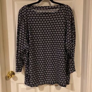 Long-sleeve navy/white/gray medallion patterned top by Lane Bryant in size 26/28